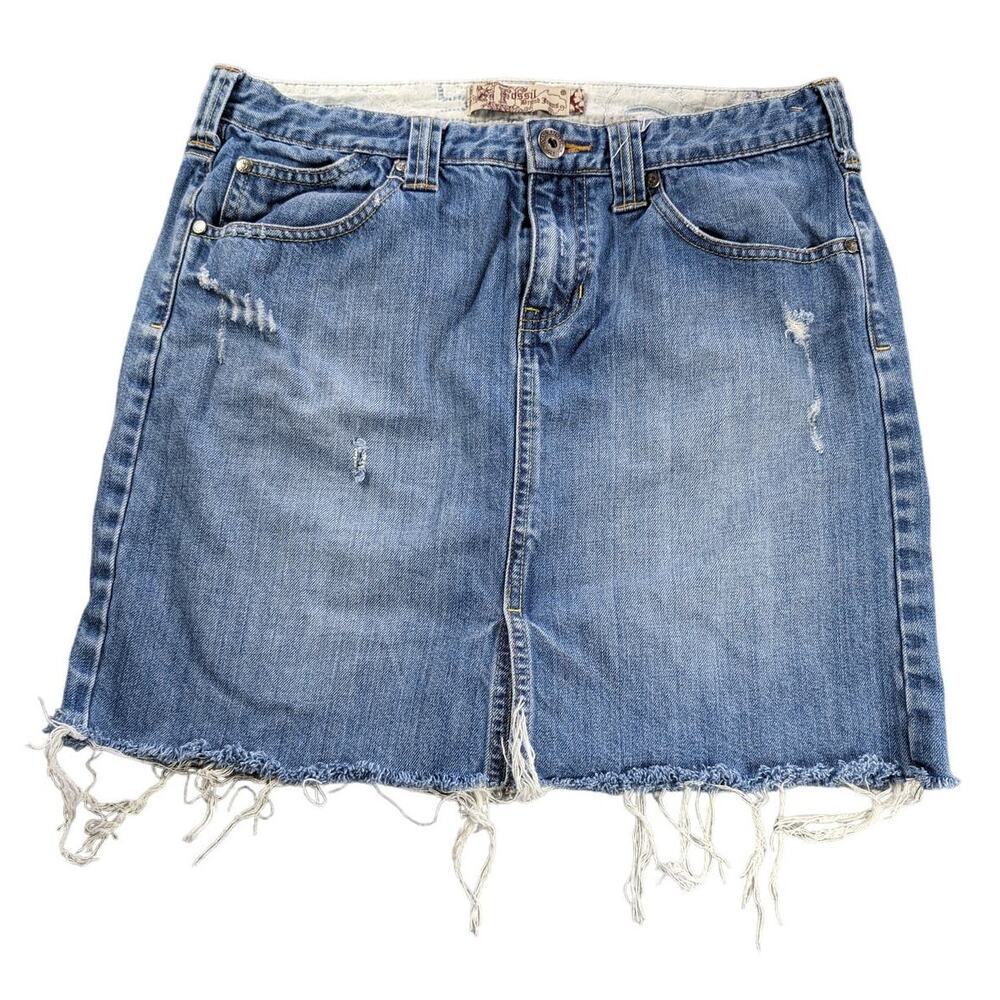 Fossil Jean Skirt Womens 8 Mini Raw Hem Cut off Slit Distressed Y2K Grunge Boho